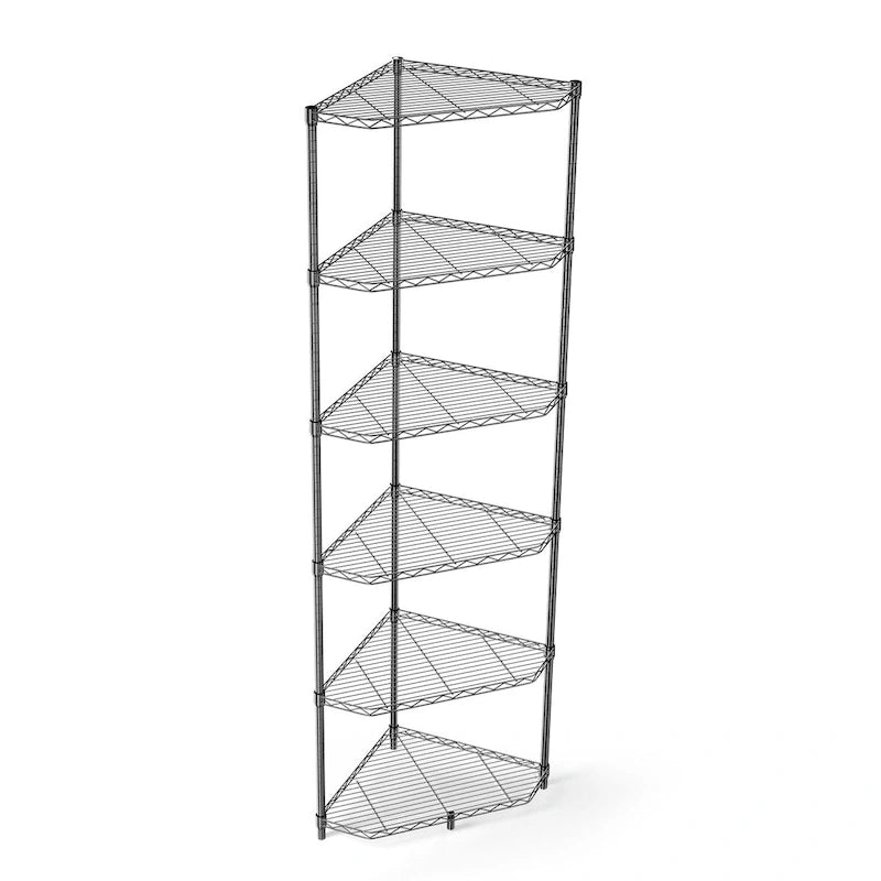Scaffale angolare pentagonale a 6 ripiani in filo metallico, regolabile, bianco/nero/cromo, montaggio per 1 persona