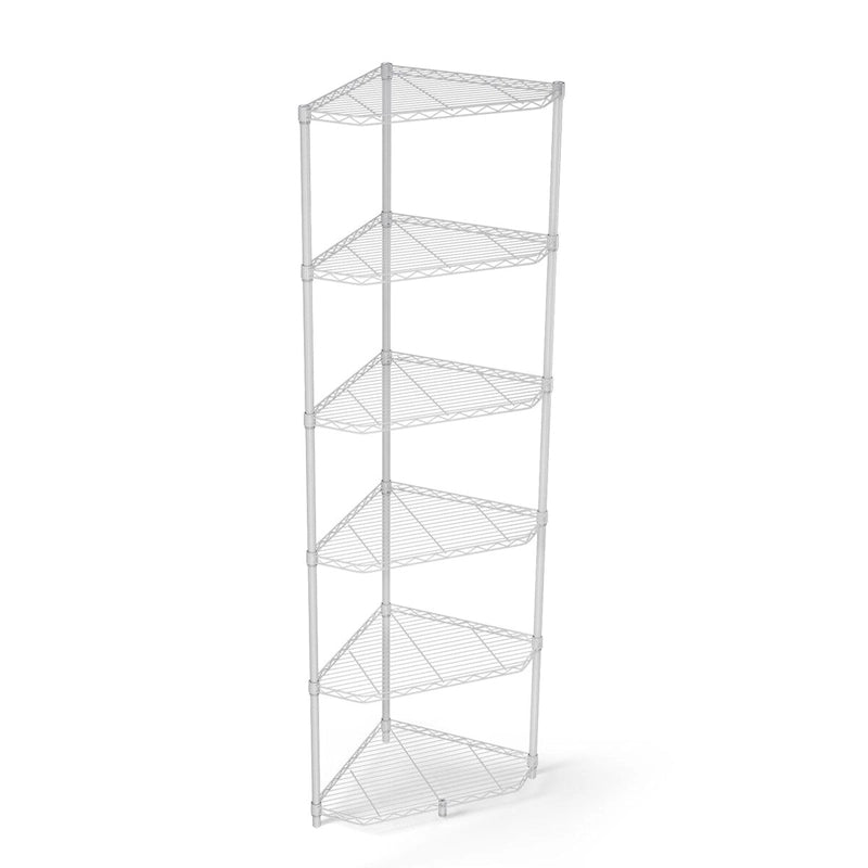 Scaffale angolare pentagonale a 6 ripiani in filo metallico, regolabile, bianco/nero/cromo, montaggio per 1 persona