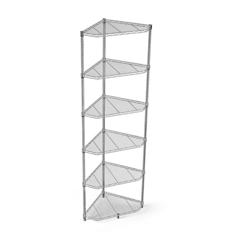Scaffale angolare pentagonale a 6 ripiani in filo metallico, regolabile, bianco/nero/cromo, montaggio per 1 persona