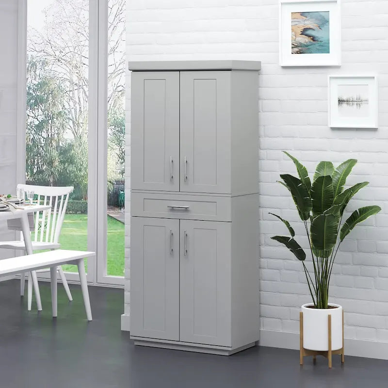 Credenza da Cucina Autoportante Grigia con Ante, Cassetti e Ripiani Regolabili