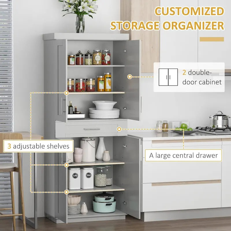 Credenza da Cucina Autoportante Grigia con Ante, Cassetti e Ripiani Regolabili