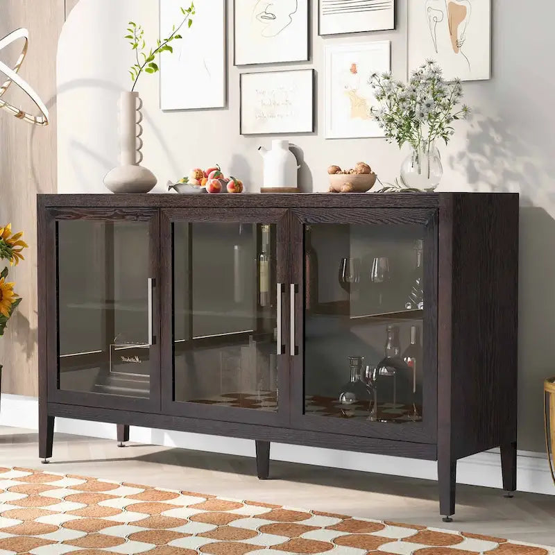 Marrone / Nero Vetrina Portaoggetti con Anta in Vetro da 147 cm con Ripiani Regolabili, Singolo