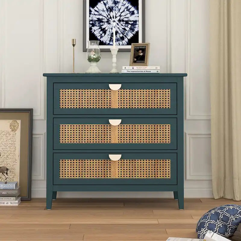 Mobile contenitore a 3 cassetti in rattan, Grigio/Verde/Blu, Montaggio da parte di una sola persona