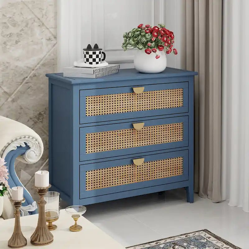 Mobile contenitore a 3 cassetti in rattan, Grigio/Verde/Blu, Montaggio da parte di una sola persona