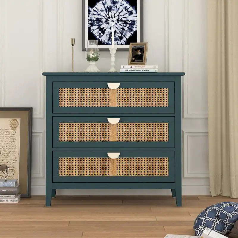 Mobile contenitore a 3 cassetti in rattan, Grigio/Verde/Blu, Montaggio da parte di una sola persona