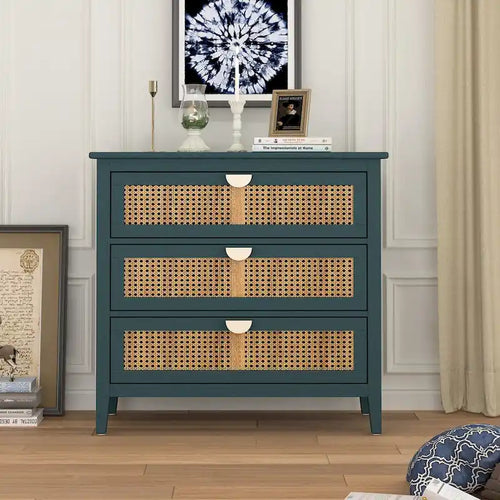 Mobile contenitore a 3 cassetti in rattan, Grigio/Verde/Blu, Montaggio da parte di una sola persona