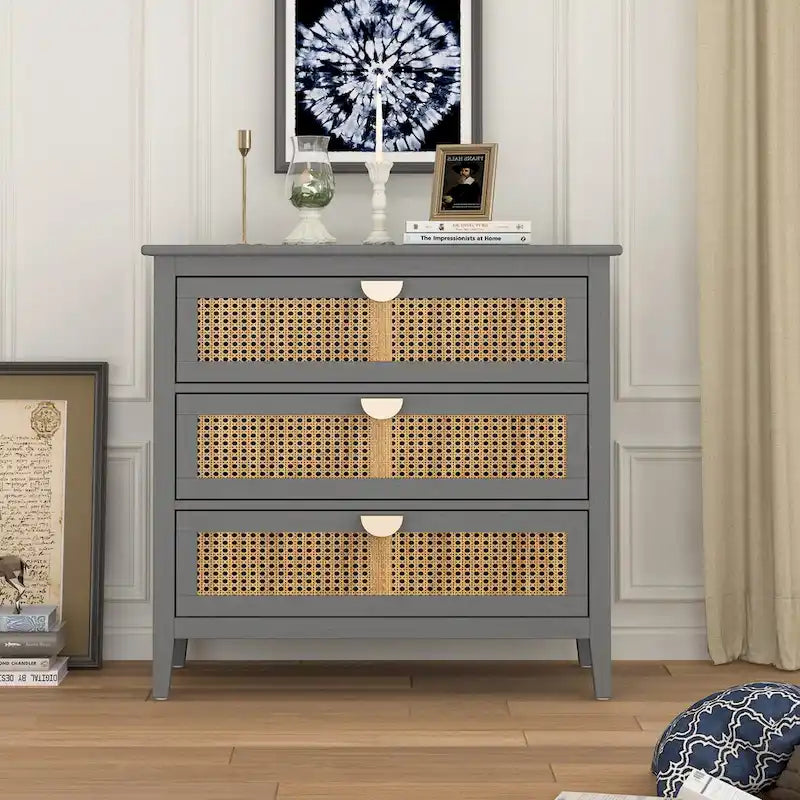 Mobile contenitore a 3 cassetti in rattan, Grigio/Verde/Blu, Montaggio da parte di una sola persona