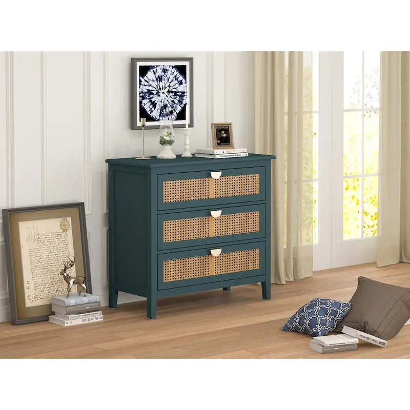Mobile contenitore a 3 cassetti in rattan, Grigio/Verde/Blu, Montaggio da parte di una sola persona