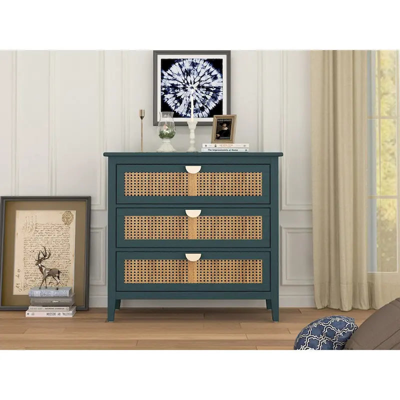 Mobile contenitore a 3 cassetti in rattan, Grigio/Verde/Blu, Montaggio da parte di una sola persona
