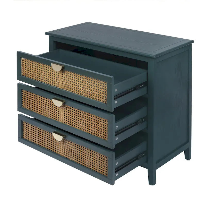 Mobile contenitore a 3 cassetti in rattan, Grigio/Verde/Blu, Montaggio da parte di una sola persona