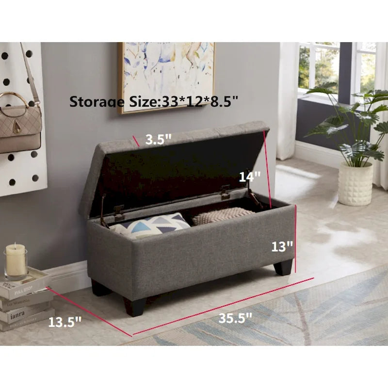 Panca contenitore imbottita beige chiaro/grigio chiaro, seduta per 1-2 persone, con coperchio sollevabile