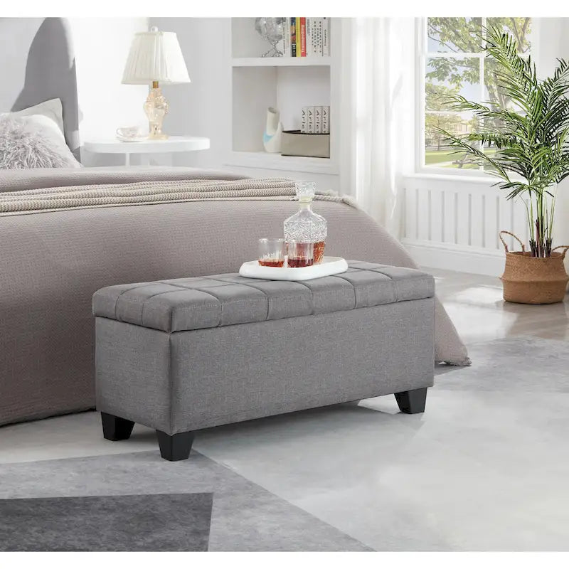 Panca contenitore imbottita beige chiaro/grigio chiaro, seduta per 1-2 persone, con coperchio sollevabile