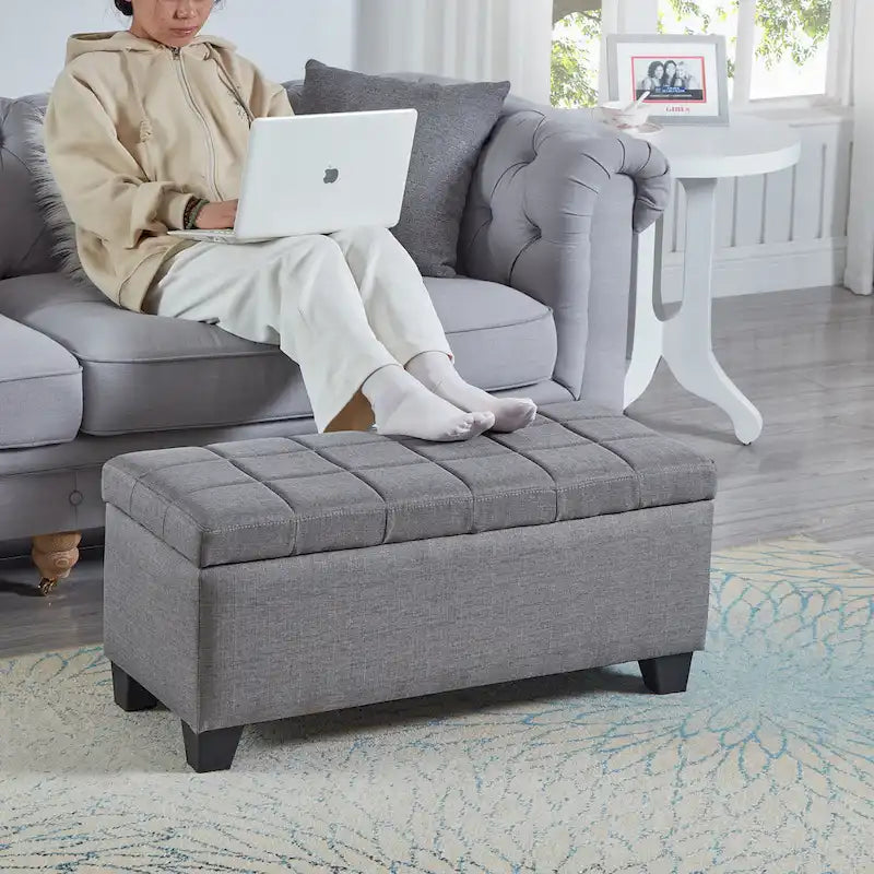 Panca contenitore imbottita beige chiaro/grigio chiaro, seduta per 1-2 persone, con coperchio sollevabile