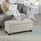 Panca contenitore imbottita beige chiaro/grigio chiaro, seduta per 1-2 persone, con coperchio sollevabile