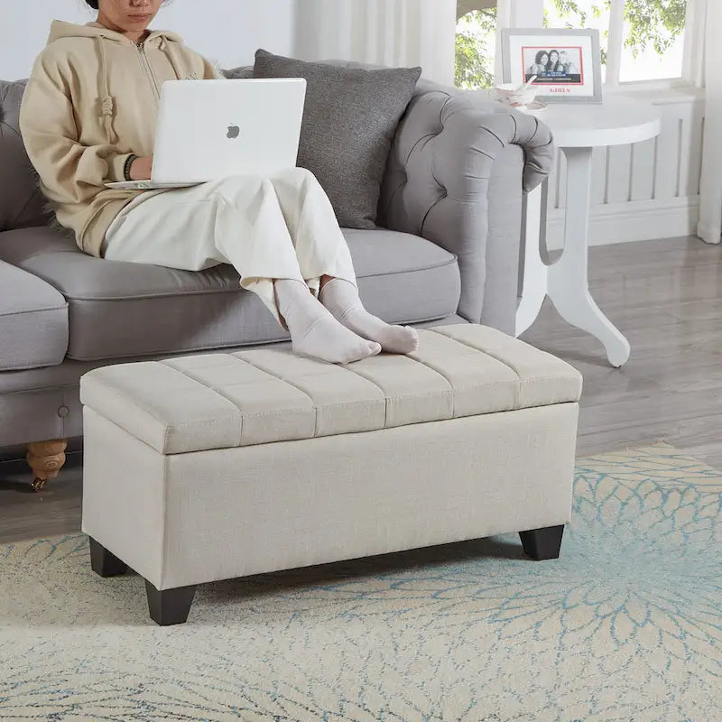 Panca contenitore imbottita beige chiaro/grigio chiaro, seduta per 1-2 persone, con coperchio sollevabile
