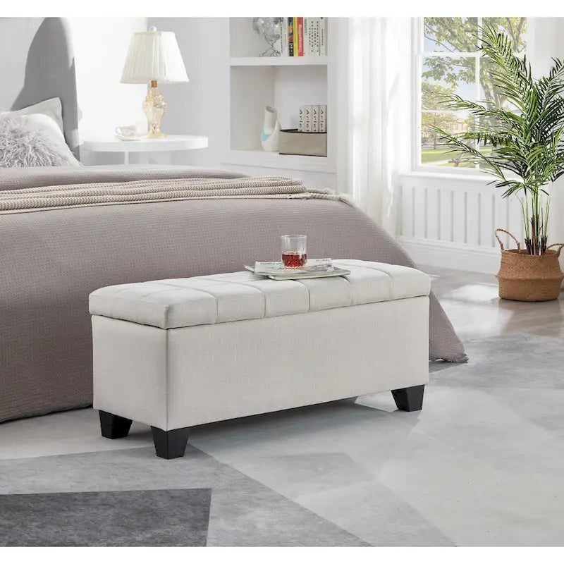 Panca contenitore imbottita beige chiaro/grigio chiaro, seduta per 1-2 persone, con coperchio sollevabile