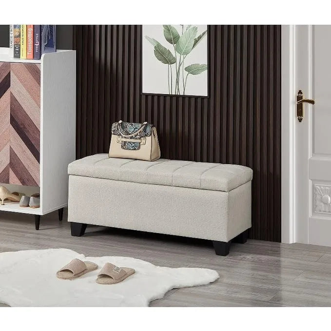 Panca contenitore imbottita beige chiaro/grigio chiaro, seduta per 1-2 persone, con coperchio sollevabile