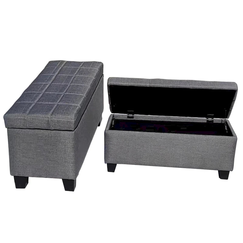 Panca contenitore imbottita beige chiaro/grigio chiaro, seduta per 1-2 persone, con coperchio sollevabile