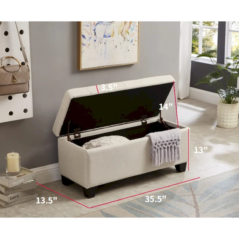 Panca contenitore imbottita beige chiaro/grigio chiaro, seduta per 1-2 persone, con coperchio sollevabile