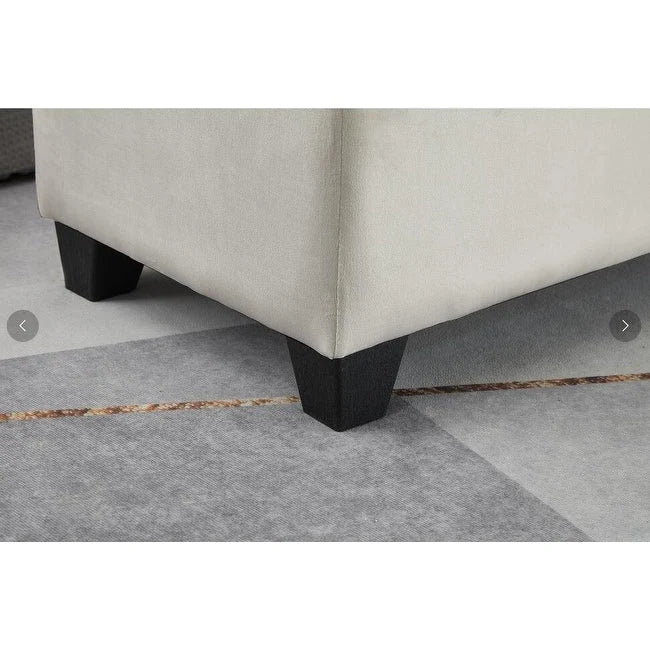 Panca contenitore imbottita beige chiaro/grigio chiaro, seduta per 1-2 persone, con coperchio sollevabile