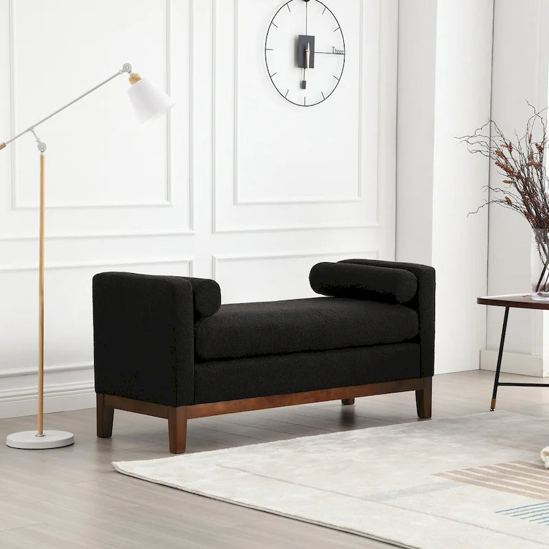 Upholstered Bench Wood Legs and Bolster Pillows