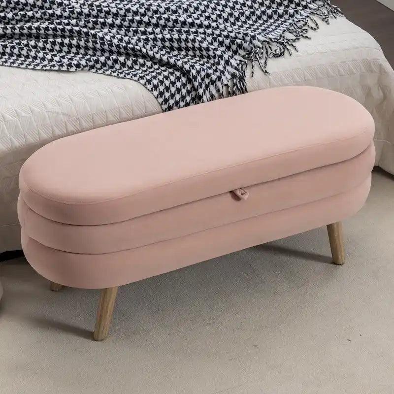 Panca contenitore in velluto avorio e rosa con gambe in legno, sedile interno per 1 persona