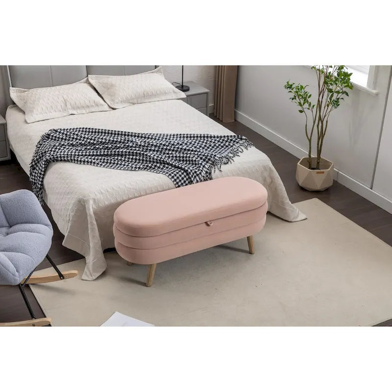 Panca contenitore in velluto avorio e rosa con gambe in legno, sedile interno per 1 persona