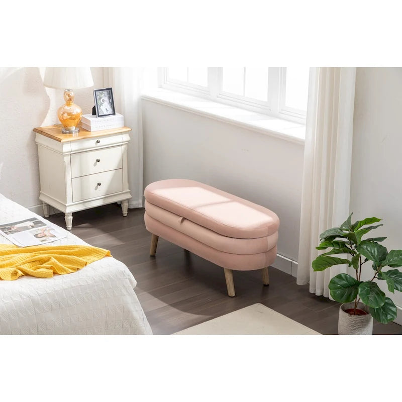 Panca contenitore in velluto avorio e rosa con gambe in legno, sedile interno per 1 persona