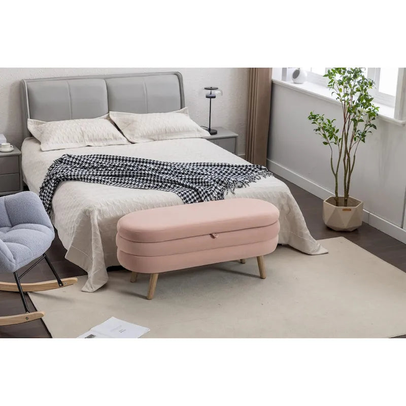 Panca contenitore in velluto avorio e rosa con gambe in legno, sedile interno per 1 persona