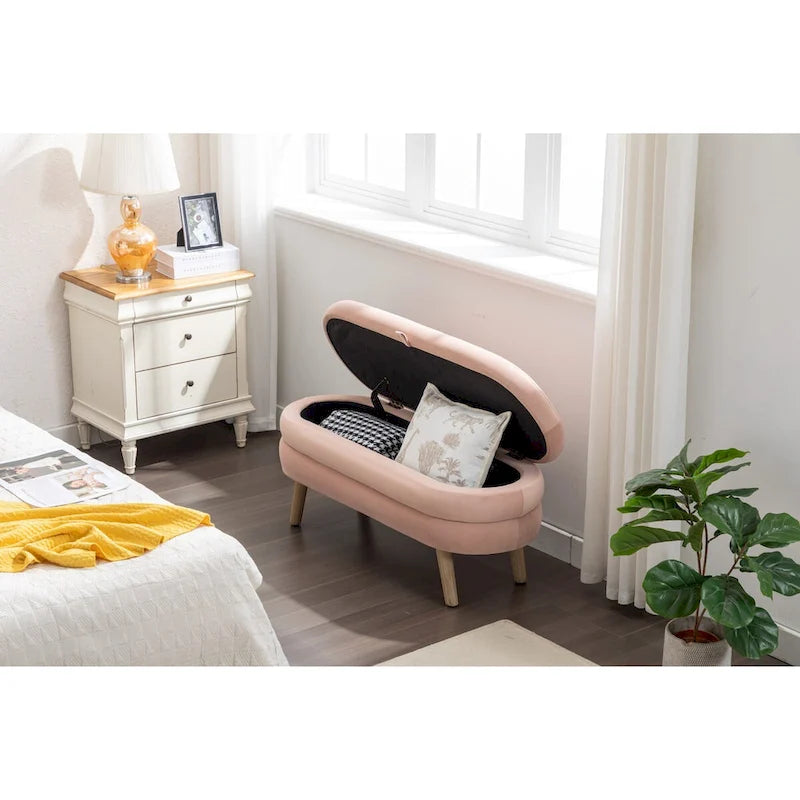 Panca contenitore in velluto avorio e rosa con gambe in legno, sedile interno per 1 persona