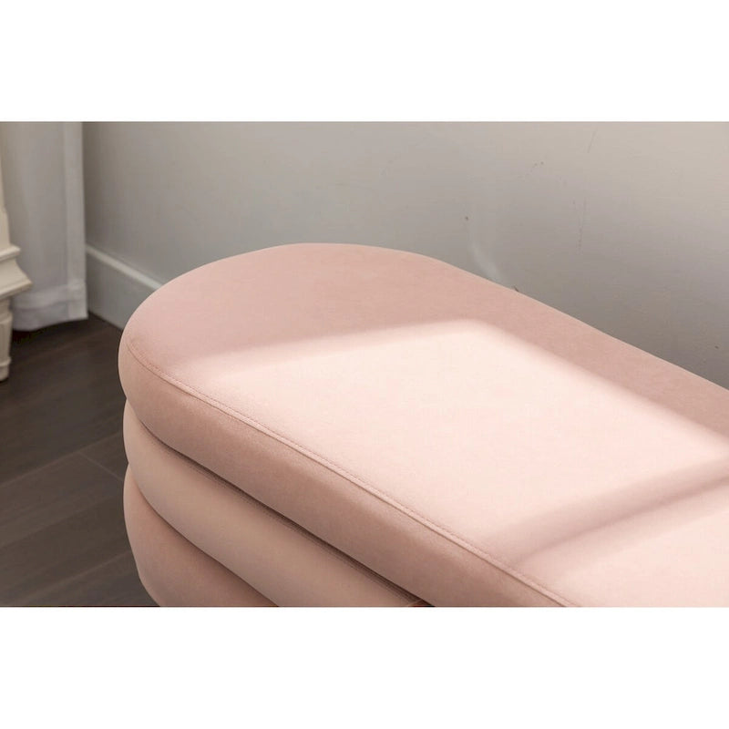Panca contenitore in velluto avorio e rosa con gambe in legno, sedile interno per 1 persona