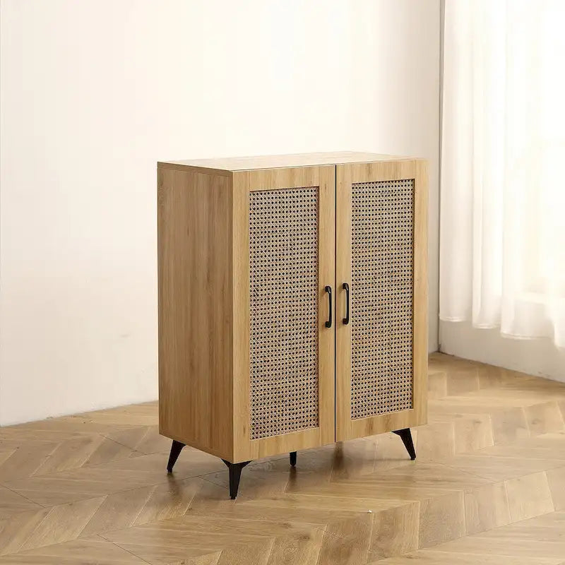 Scarpiera in rovere con doppia anta e rete in rattan