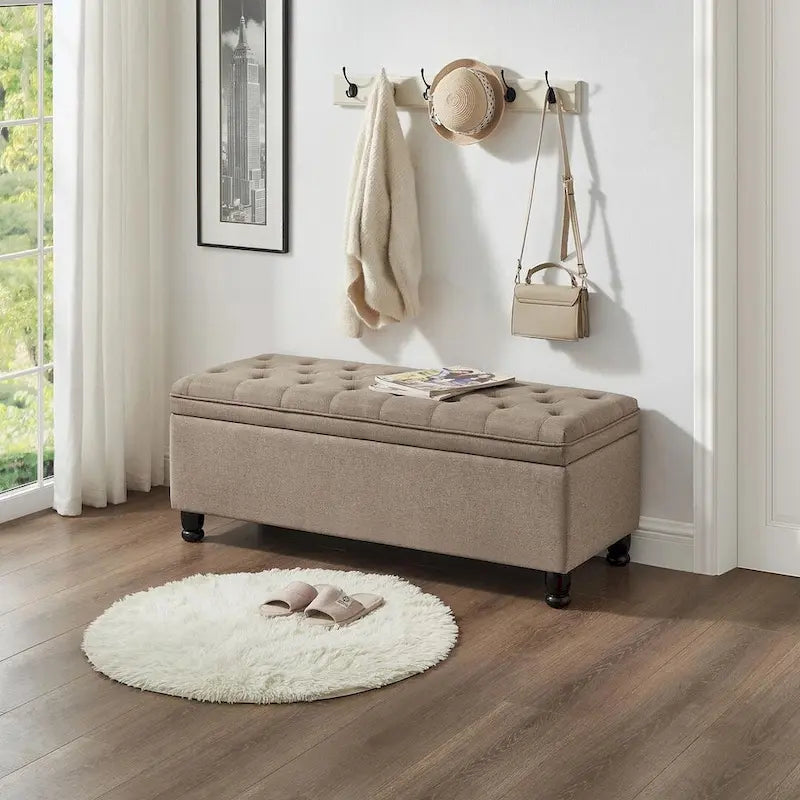 45  Linen Fabric Storage Stool with Spindle Wood Legs