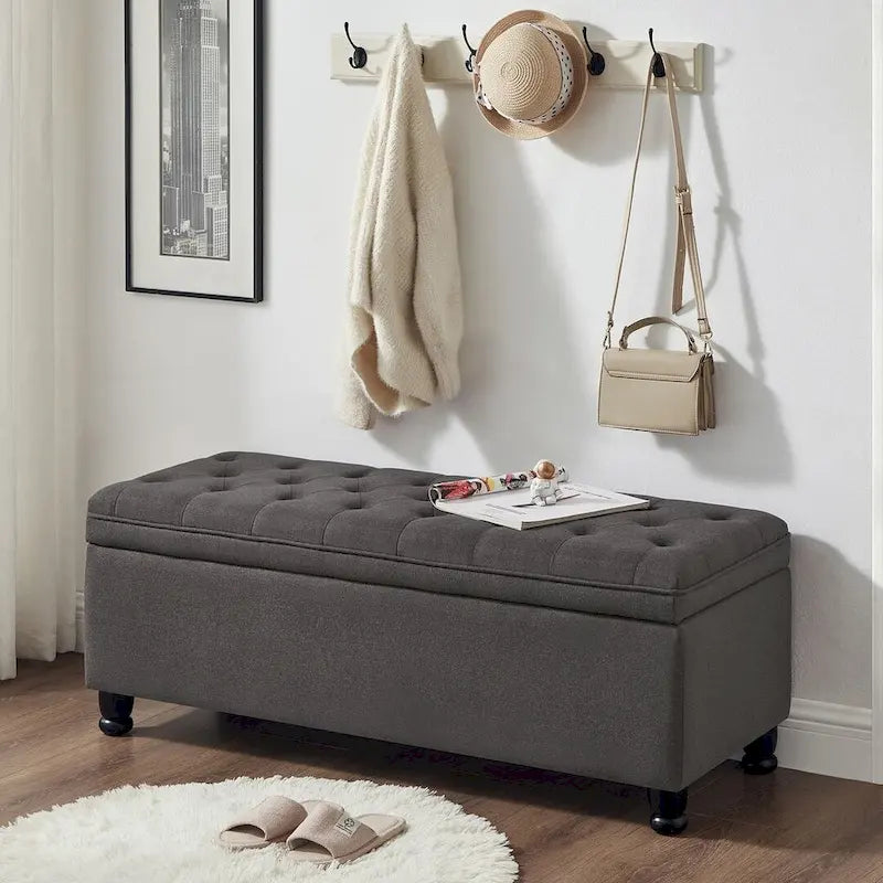 Panca contenitore imbottita in lino color azzurro / lino / nero / grigio con gambe a spillo, 1 posto