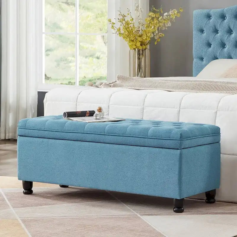 Panca contenitore imbottita in lino color azzurro / lino / nero / grigio con gambe a spillo, 1 posto