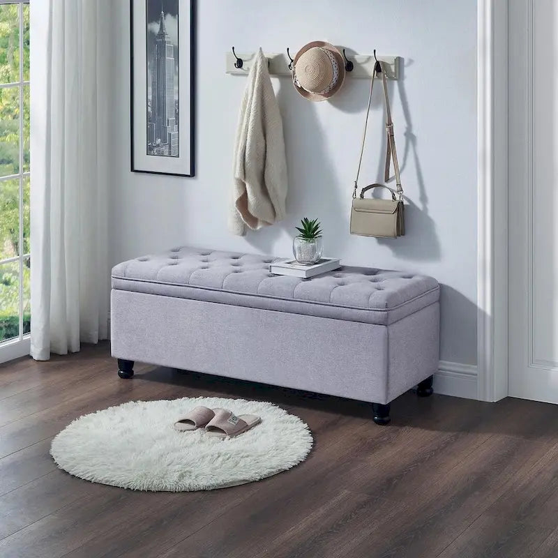 Panca contenitore imbottita in lino color azzurro / lino / nero / grigio con gambe a spillo, 1 posto