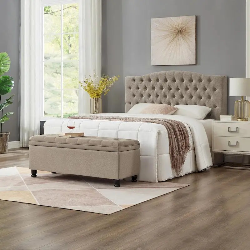Panca contenitore imbottita in lino color azzurro / lino / nero / grigio con gambe a spillo, 1 posto