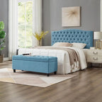 Panca contenitore imbottita in lino color azzurro / lino / nero / grigio con gambe a spillo, 1 posto