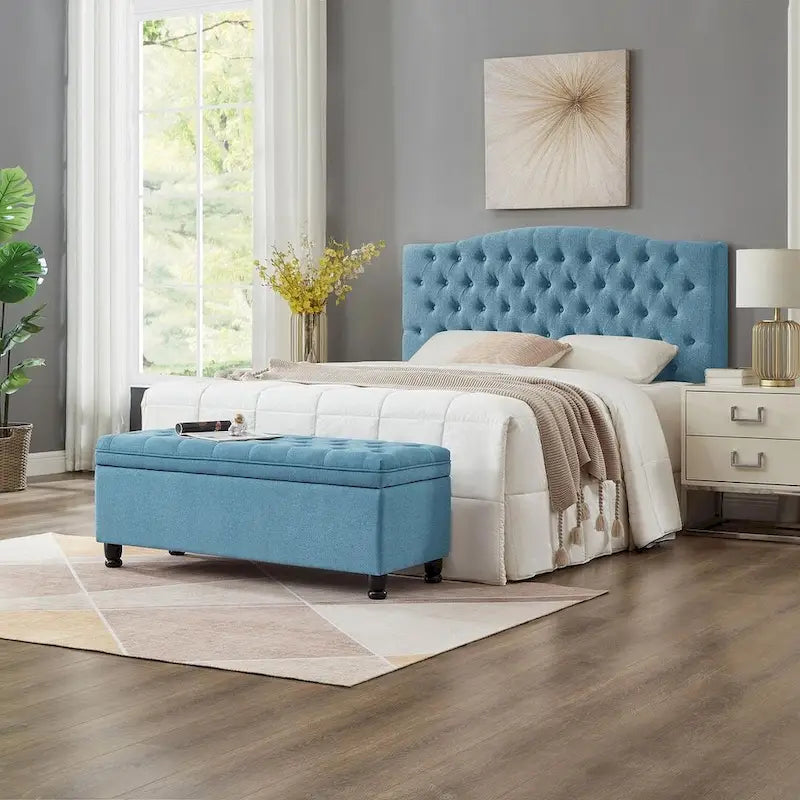 Panca contenitore imbottita in lino color azzurro / lino / nero / grigio con gambe a spillo, 1 posto
