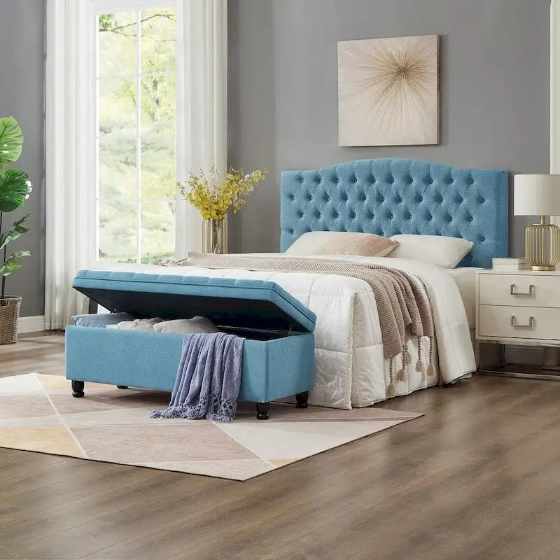 Panca contenitore imbottita in lino color azzurro / lino / nero / grigio con gambe a spillo, 1 posto