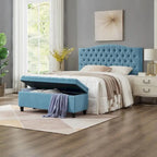 Panca contenitore imbottita in lino color azzurro / lino / nero / grigio con gambe a spillo, 1 posto