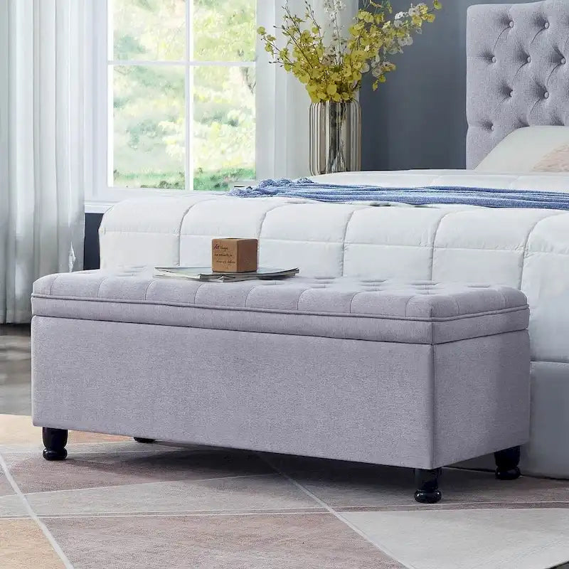 Panca contenitore imbottita in lino color azzurro / lino / nero / grigio con gambe a spillo, 1 posto