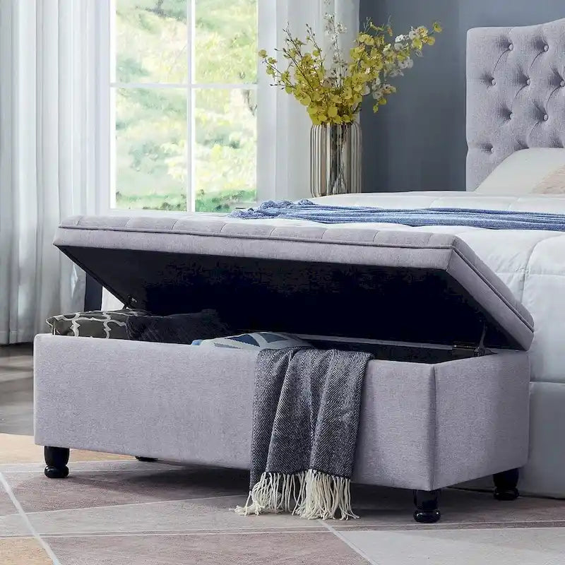 Panca contenitore imbottita in lino color azzurro / lino / nero / grigio con gambe a spillo, 1 posto
