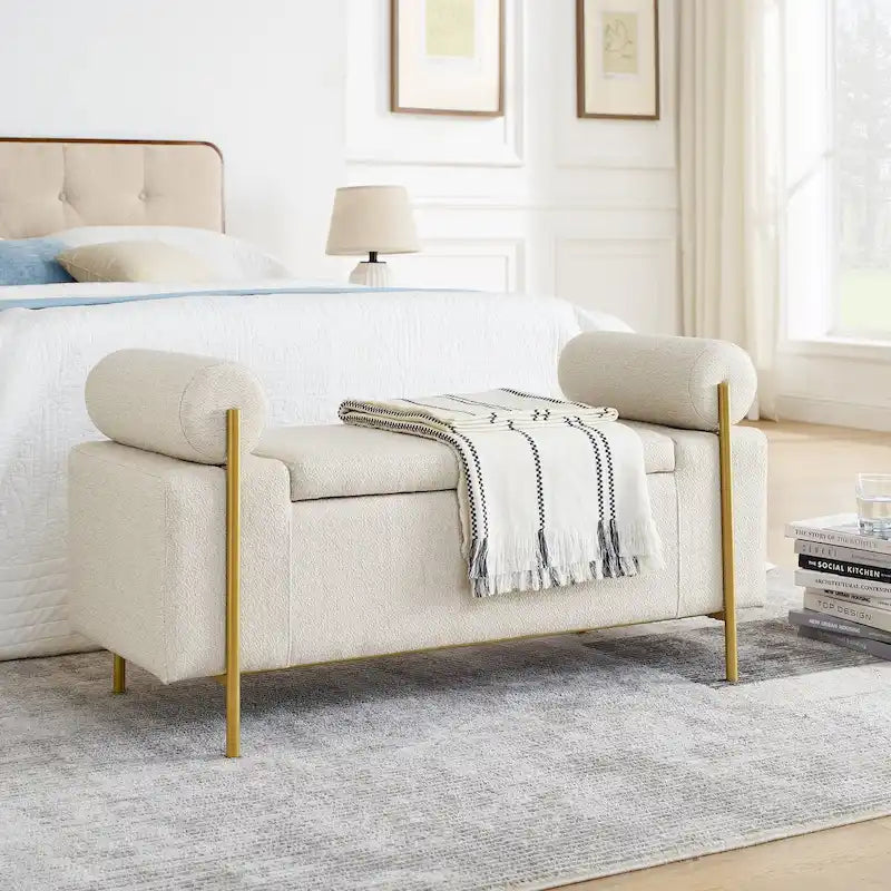 Panca contenitore in lino beige, monosedile, con gambe in ferro