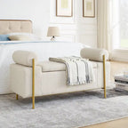 Panca contenitore in lino beige, monosedile, con gambe in ferro