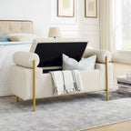 Panca contenitore in lino beige, monosedile, con gambe in ferro