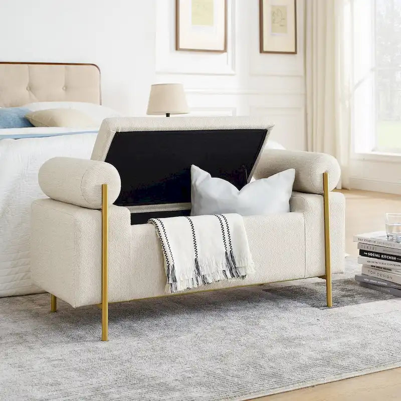 Panca contenitore in lino beige, monosedile, con gambe in ferro