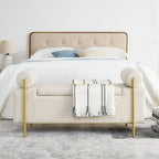Panca contenitore in lino beige, monosedile, con gambe in ferro
