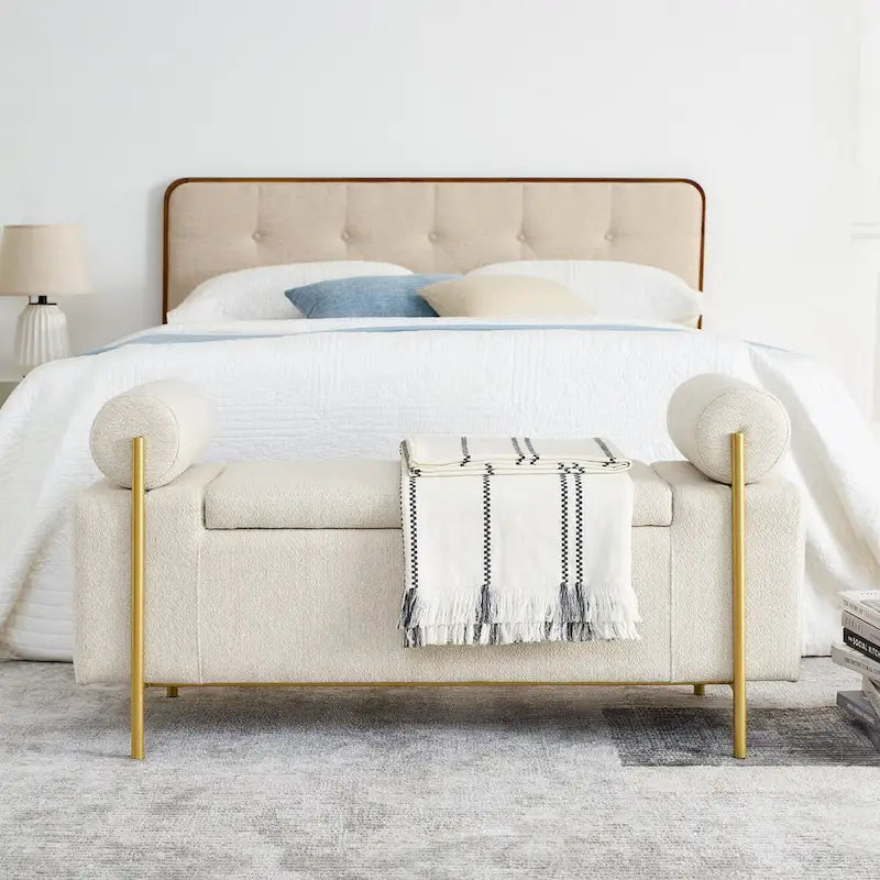 Panca contenitore in lino beige, monosedile, con gambe in ferro