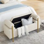 Panca contenitore in lino beige, monosedile, con gambe in ferro